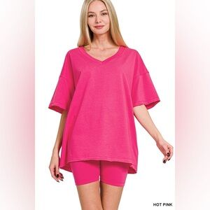 🆕 ZENANA COTTON V-NECK TOP & BIKER SHORTS SET